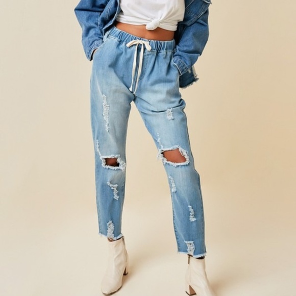 Hayden Denim - Distressed Drawstring Boyfriend Denim Jeans
